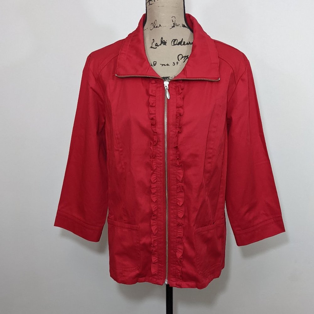 NWT Christopher & Banks Red Zip Up Jacket Ruffled Front Pockets Womens L